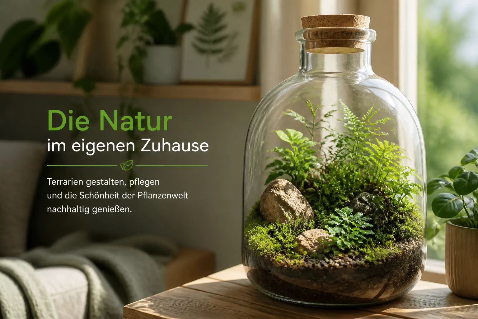 Flaschengarten mit grünen Pflanzen im Glas