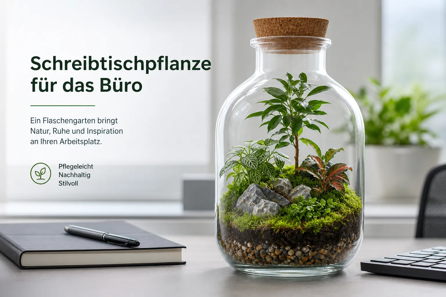 Ein professionelles, hochwertiges Bild passend zum Abschnitt "Schreibtischpflanze für das Büro" Flaschengarten deisgn