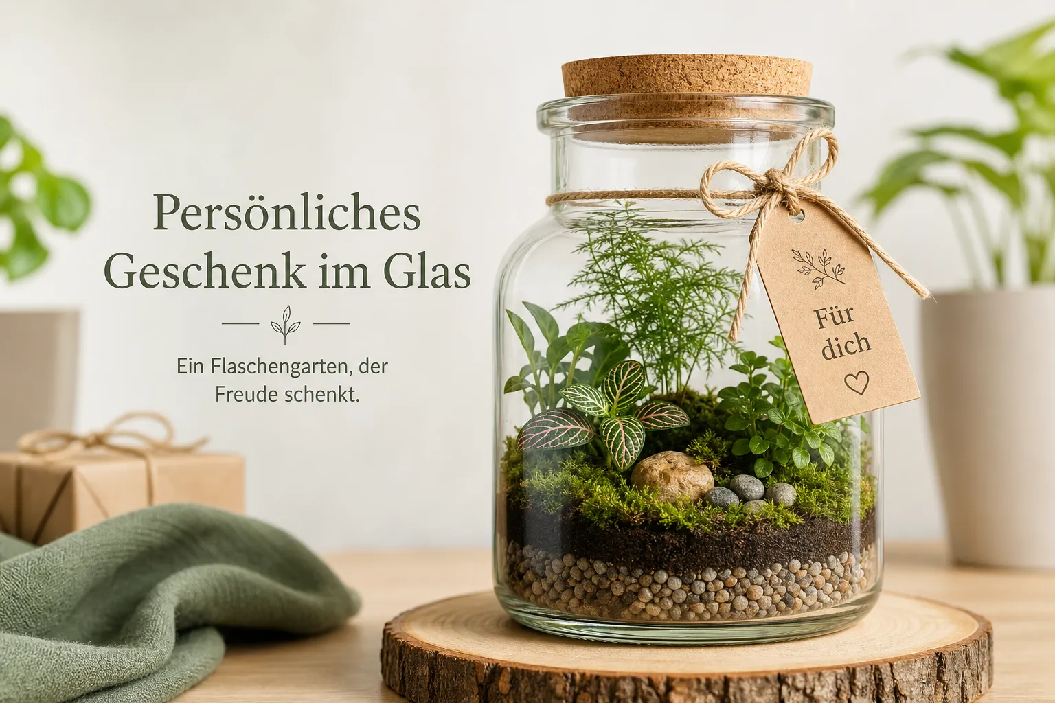 Ein professionelles, hochwertiges Bild passend zum Abschnitt "Persönliches Geschenk im Glas" Flaschengarten im Glas mit 